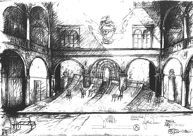 Bühnenbildentwurf DAS GLAS WASSER (1999) von Bernd-Dieter Müller 