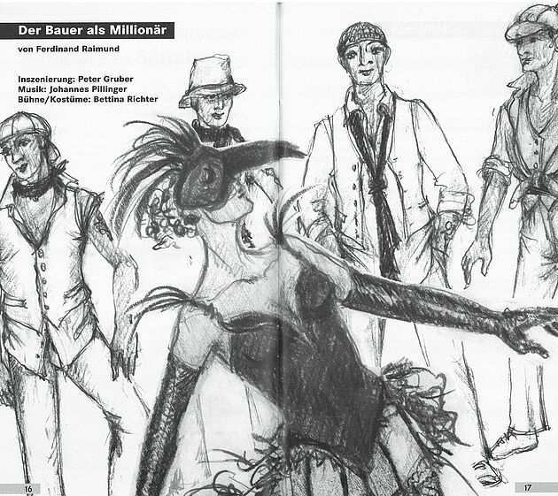 Zeichnung von Bettina Richter im Programmheft (DER BAUER ALS MILLIONÄR)