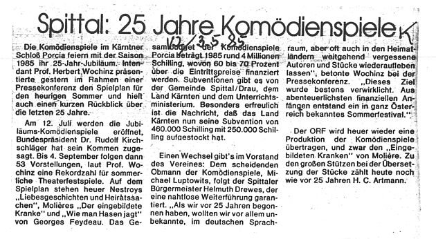 "25 Jahre Komödienspiele" (Kleine Zeitung, 3.5.1985)