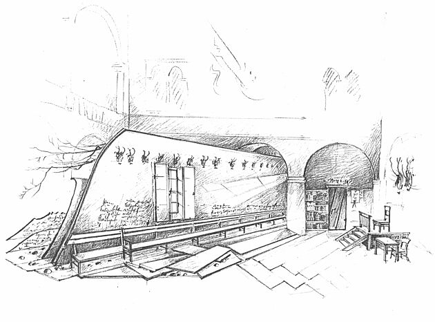 Bühnenbildentwurf DER ZERBROCHENE KRUG (1996) von Bernd-Dieter Müller